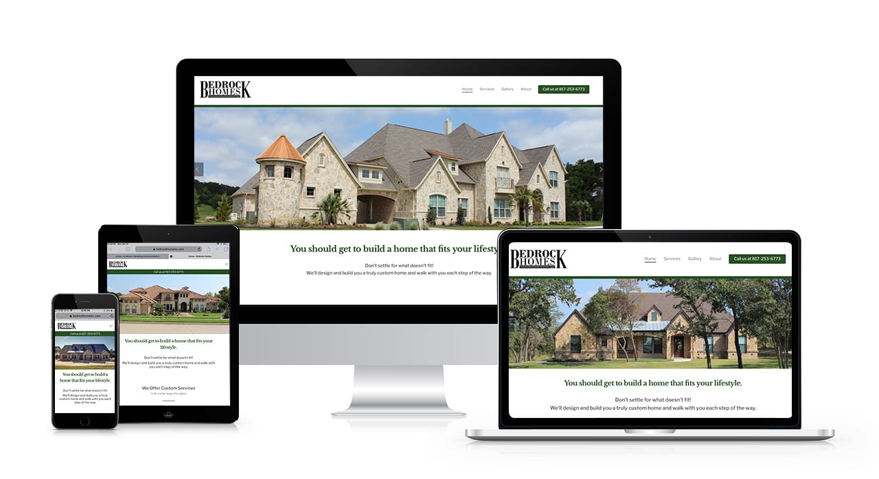 Screenshots of a home builder's website on four different screen sizes