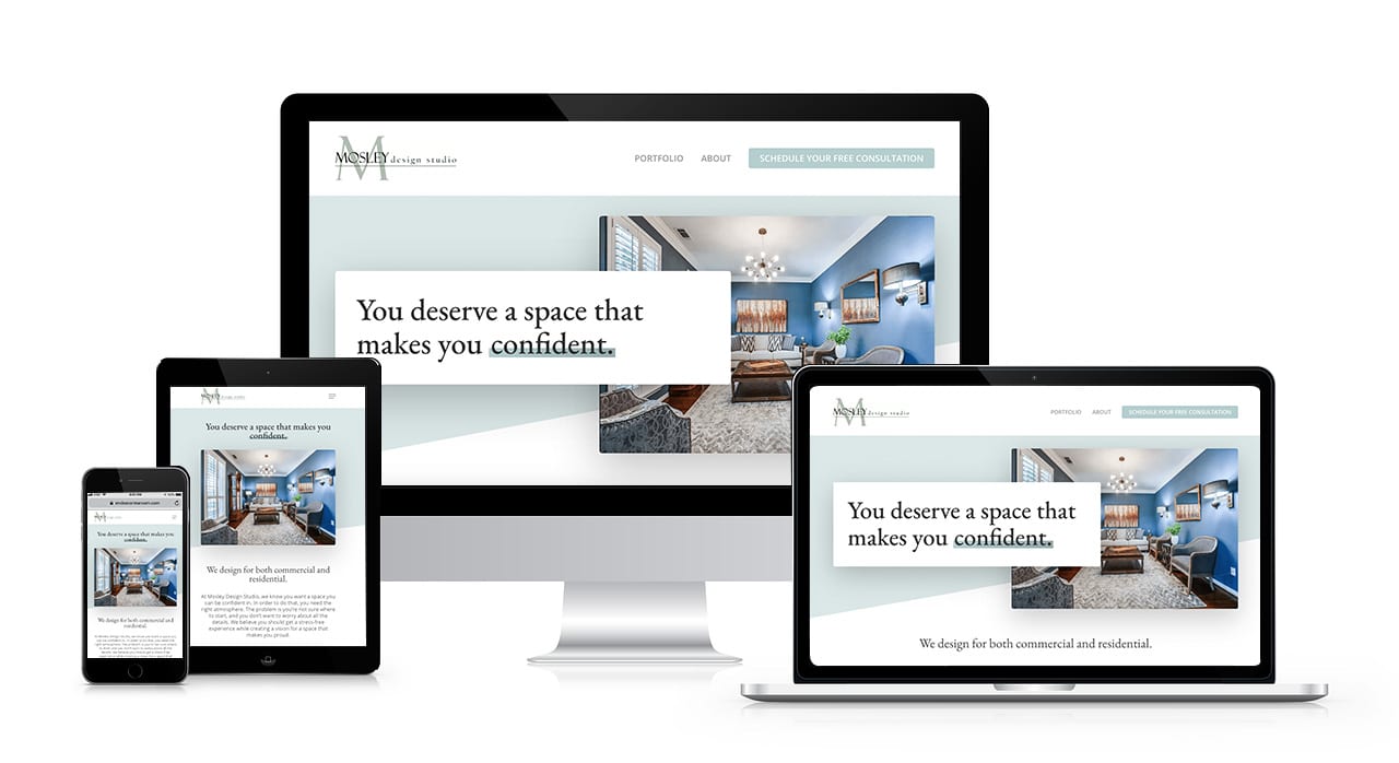 Screenshots of an interior designer's website on four different screen sizes